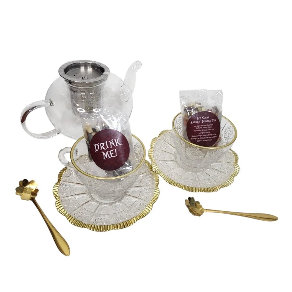 Alice In Wonderland Tea Set We're All Mad Here Glass Teapot Cups Wood Chest Box
